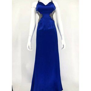Vtg Silk Blue Gown Dress Cut Out Details Rhinestones Straps Cocktail Party 4